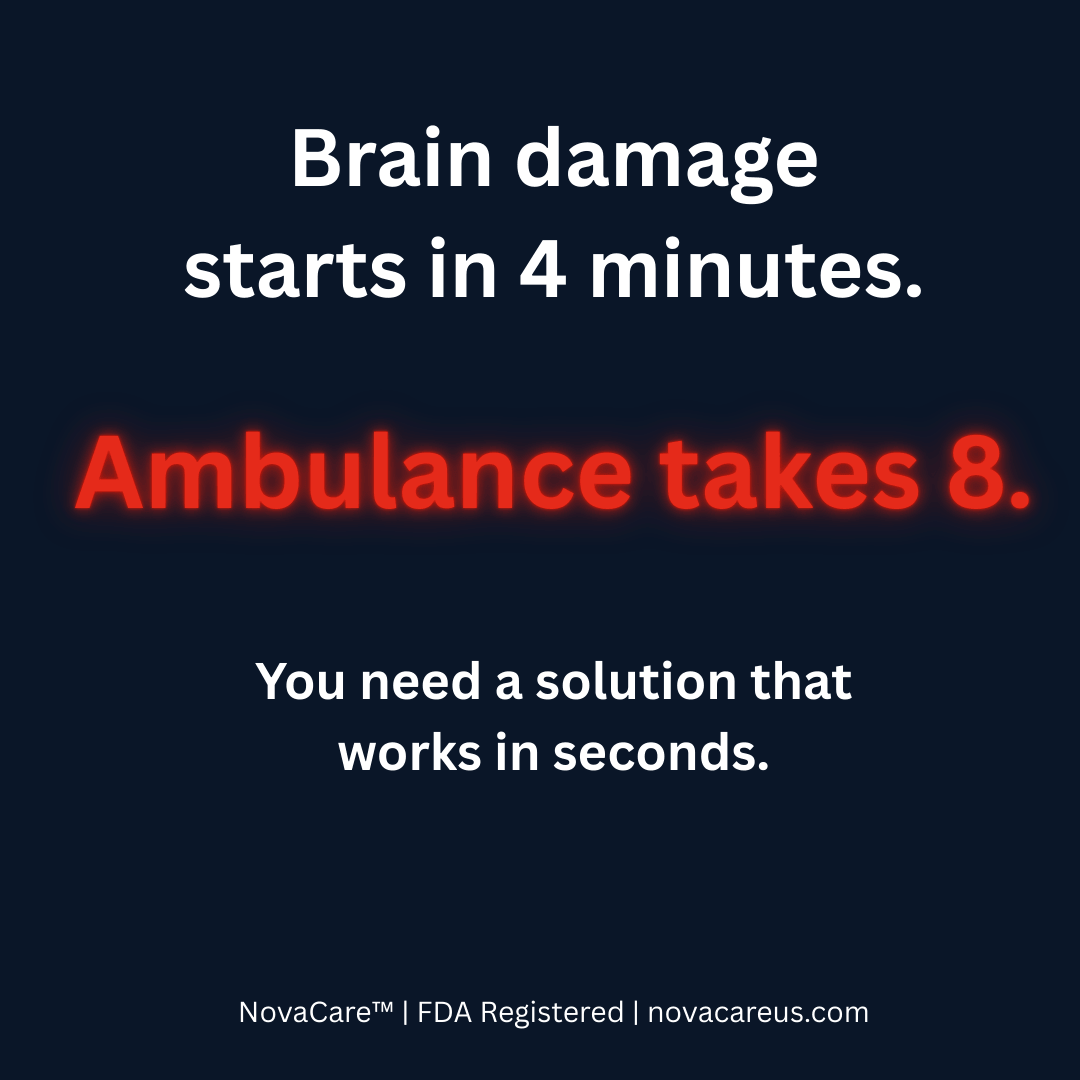 Medical alert message about brain damage and ambulance response time on a black background.
