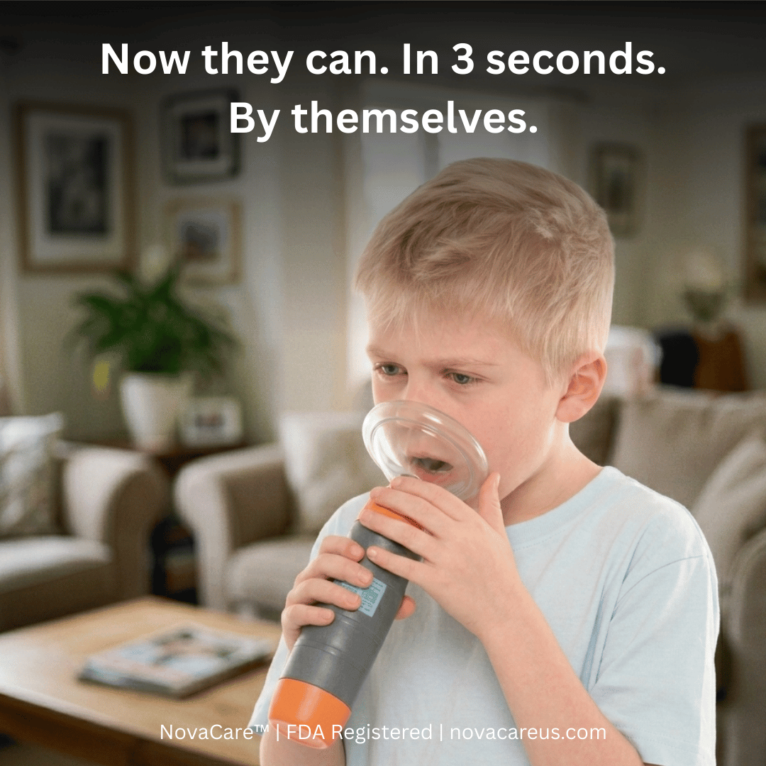 Child using a NovaCare device in a living room with text about its quick use.